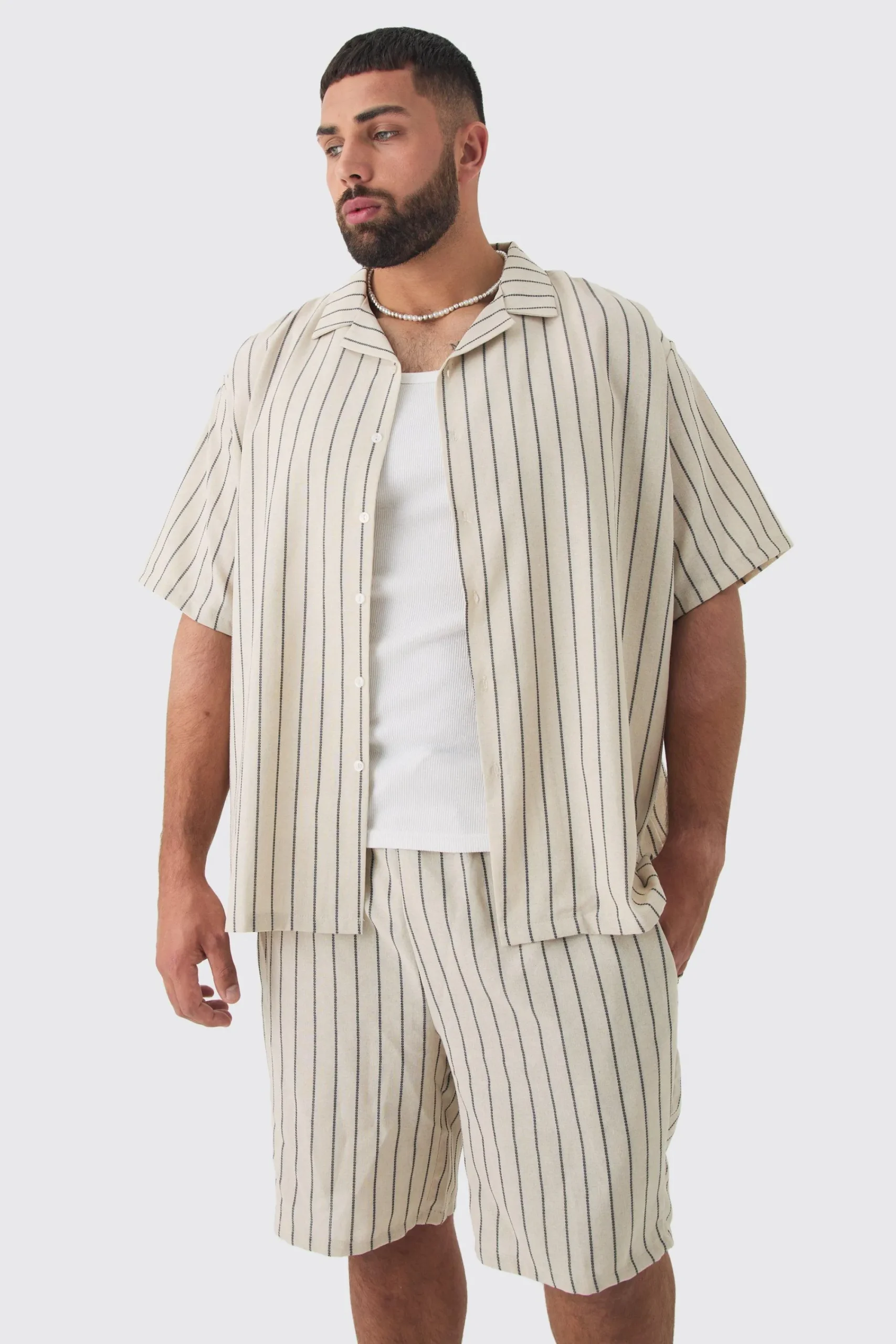 boohooMAN Plus Stripe Linen Revere Collar Shirt & Short Set | UK| Sets & Co-Ords