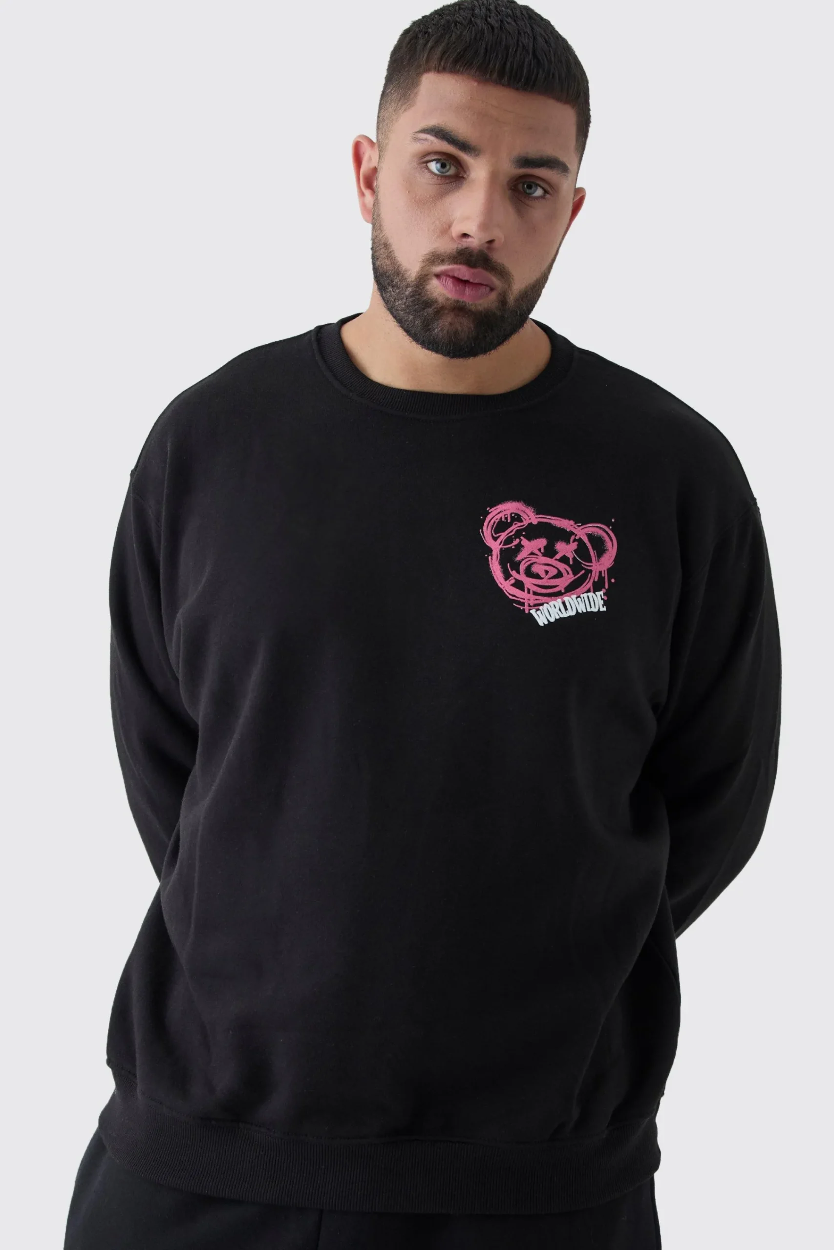 boohooMAN Plus Teddy Back Print Oversized Sweatshirt | UK| Hoodies & Sweatshirts