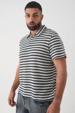 Plus Textured Stripe Polo | UK^boohooMAN Hot
