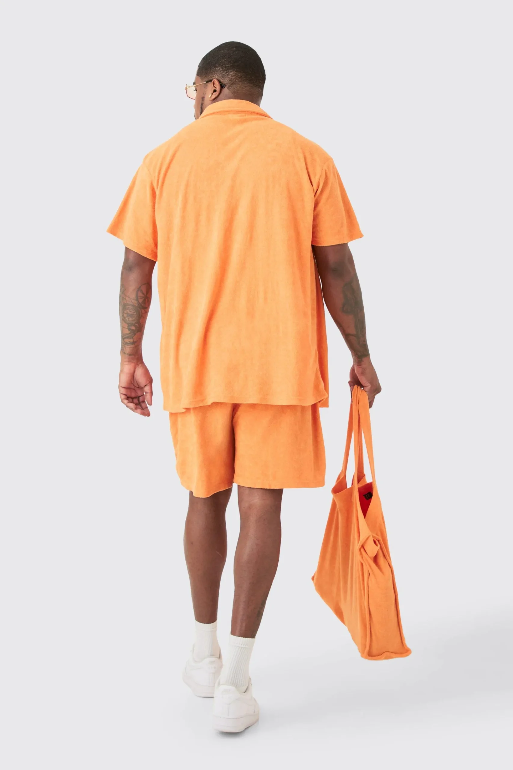 boohooMAN Plus Towelling Shirt & Short Set With Tote Bag | UK| Tracksuits