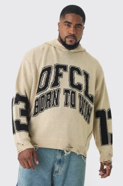 boohooMAN Plus Varsity Distressed Knitted Hoodie | UK| Knitwear|Hoodies & Sweatshirts