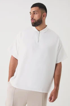 Plus Zip Up Linen Polo In | UK^boohooMAN Online
