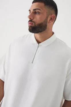 Plus Zip Up Linen Polo In | UK^boohooMAN Online