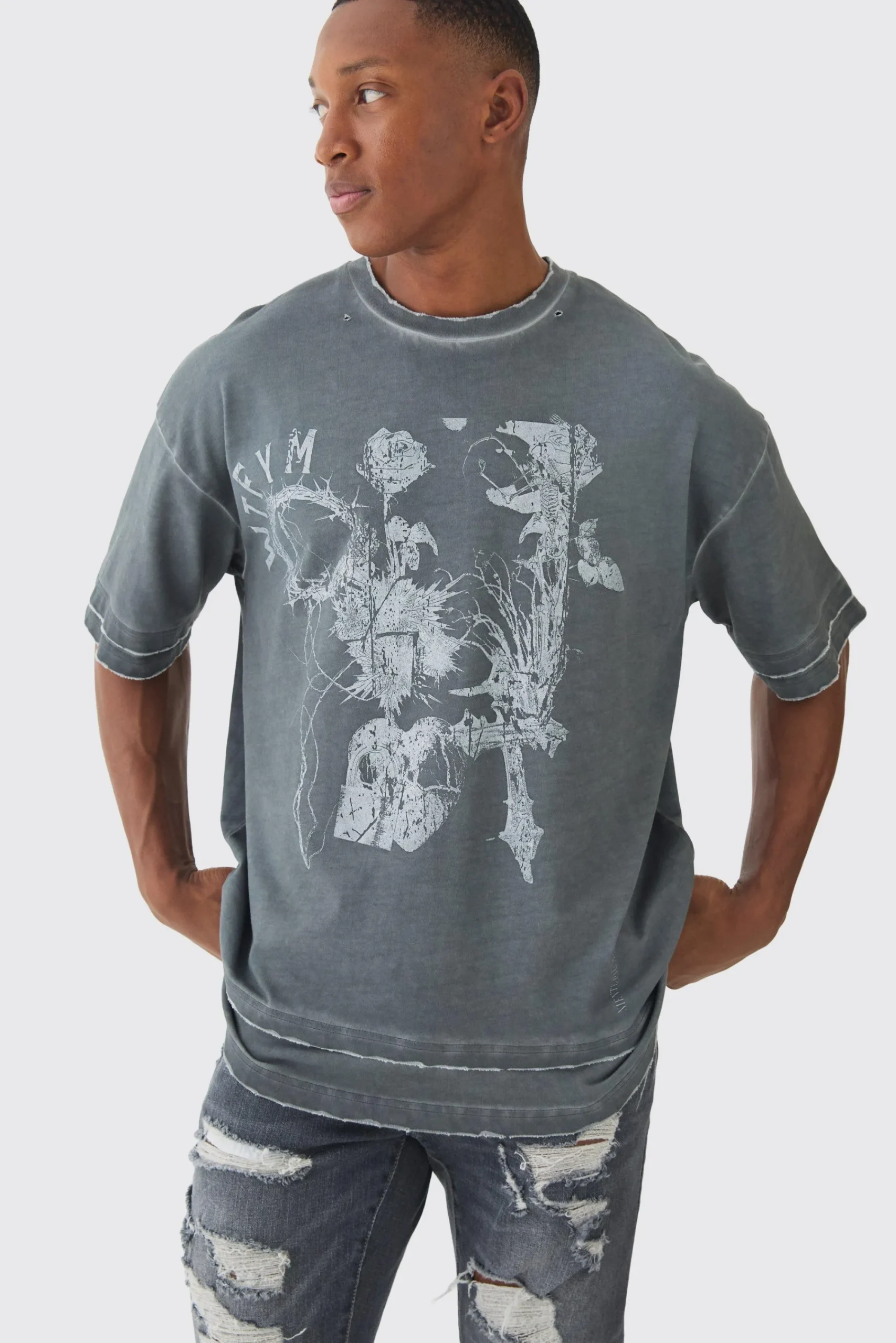 Premium Oversized Faux Layer Washed & Printed T-shirt | UK^boohooMAN