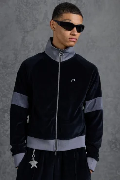 boohooMAN P-Star Funnel Neck Velour Track Top | UK| Sets & Co-Ords|Hoodies & Sweatshirts