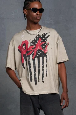 P-Star Oversized Boxy T-Shirt With Flag Print | UK^boohooMAN Clearance
