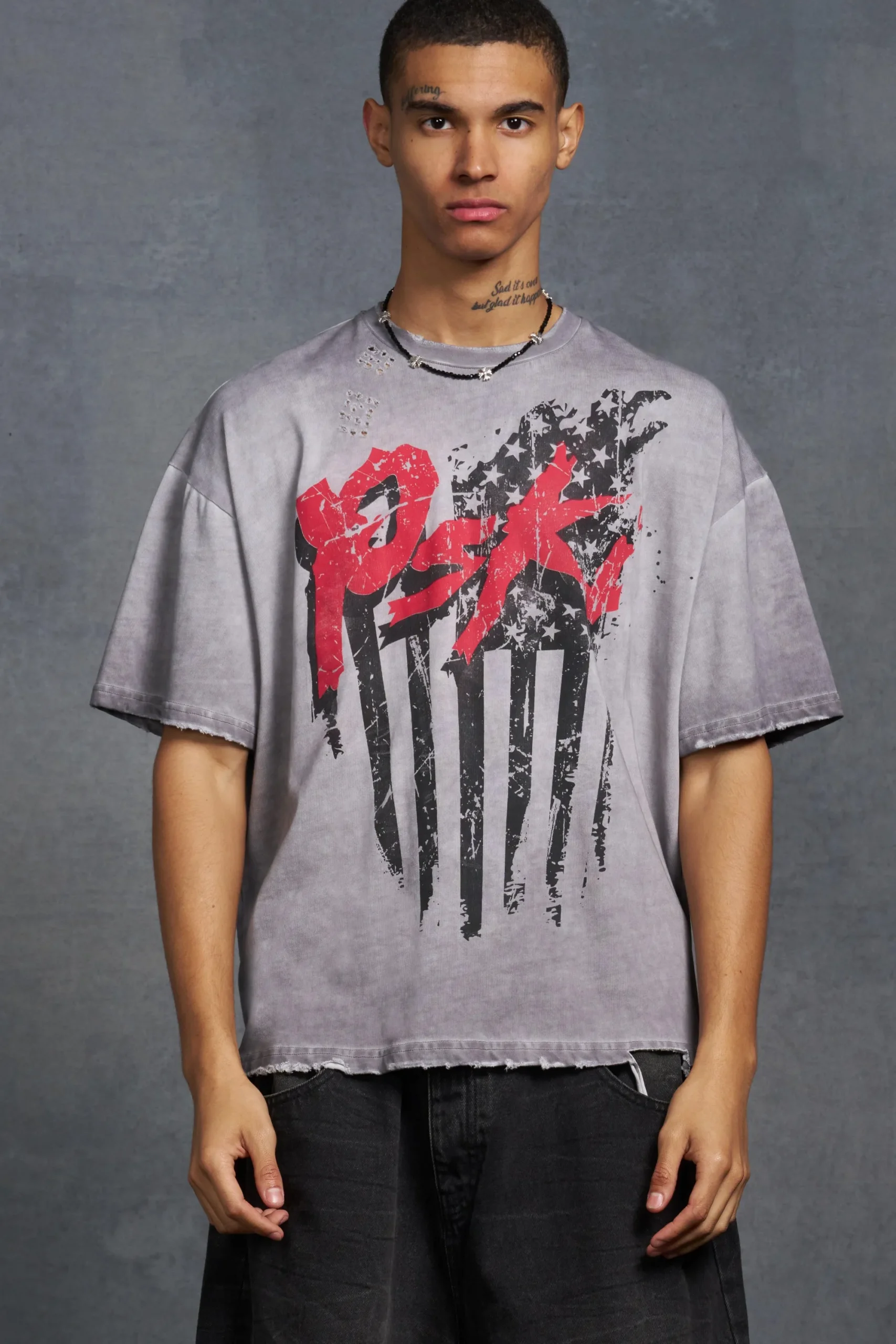 P-Star Oversized Boxy T-Shirt With Flag Print | UK^boohooMAN Hot