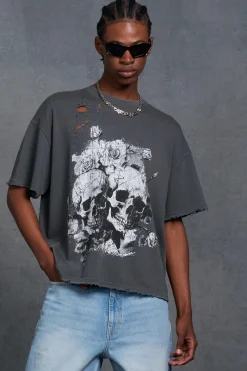 P-Star Oversized Boxy Washed T-Shirt With Skull Print | UK^boohooMAN