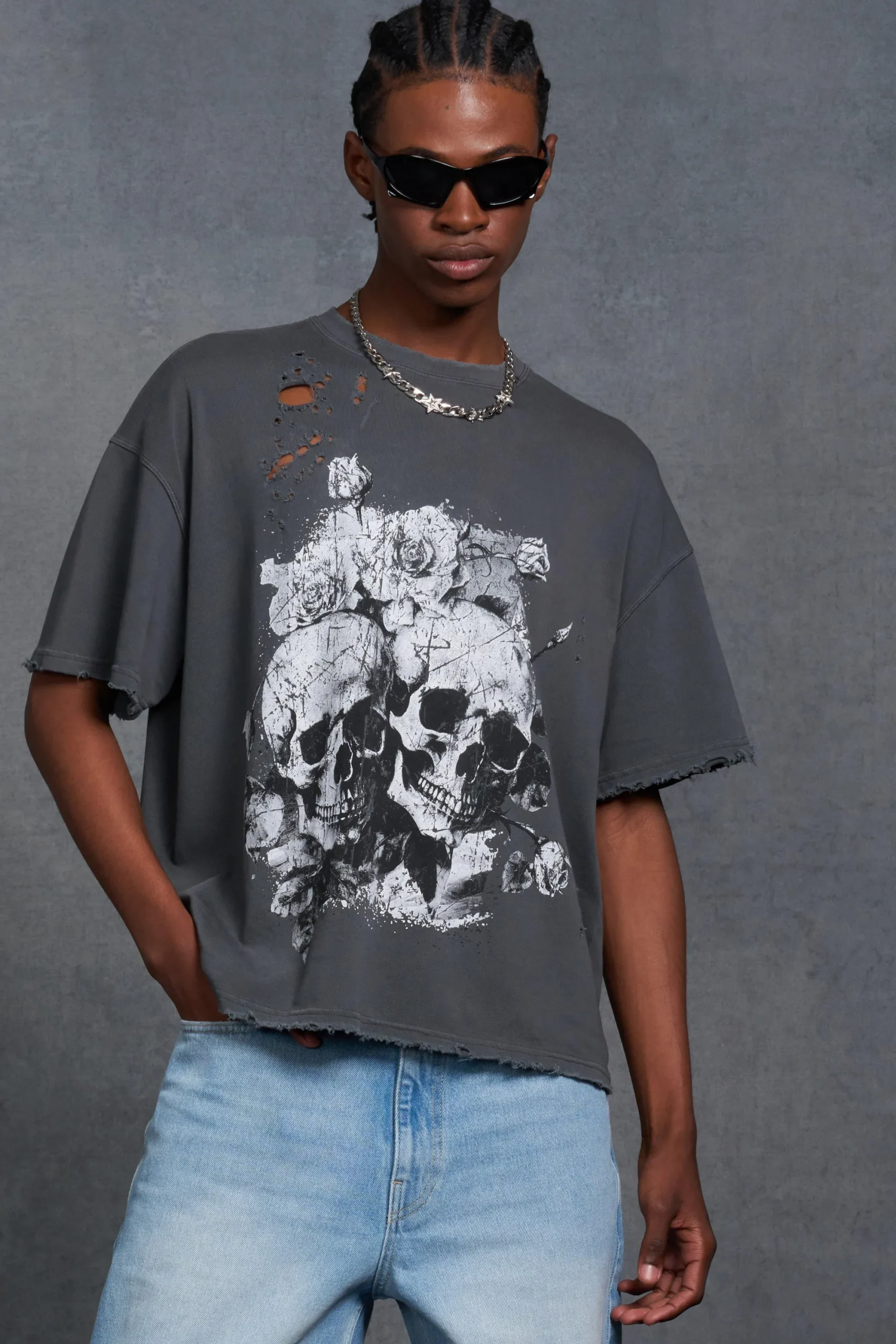 P-Star Oversized Boxy Washed T-Shirt With Skull Print | UK^boohooMAN