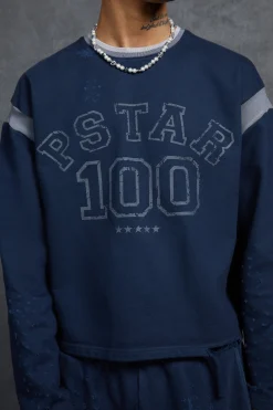 boohooMAN P-Star Oversized Cropped Sweatshirt With 100 Print | UK| Sets & Co-Ords|Hoodies & Sweatshirts