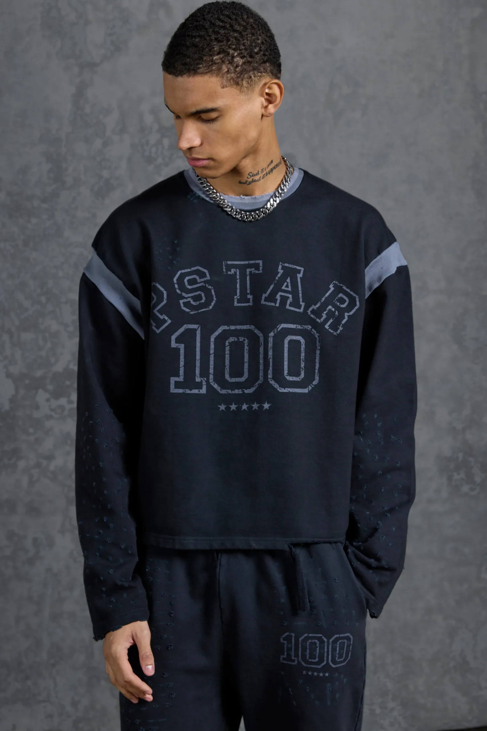 boohooMAN P-Star Oversized Cropped Sweatshirt With 100 Print | UK| Hoodies & Sweatshirts