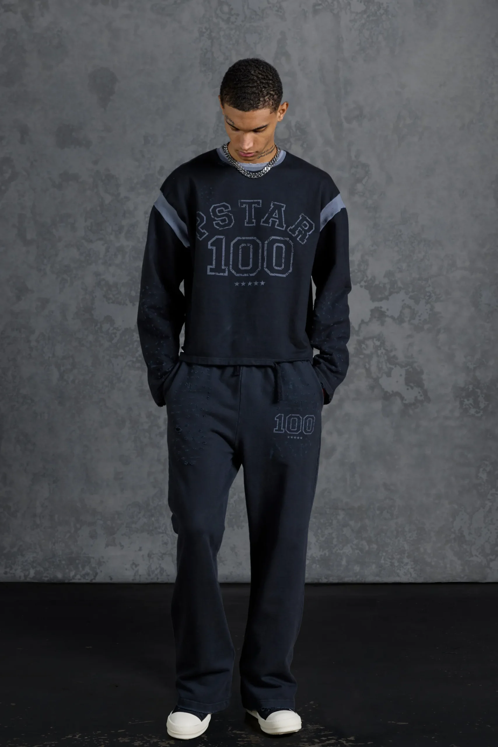 boohooMAN P-Star Oversized Cropped Sweatshirt With 100 Print | UK| Hoodies & Sweatshirts