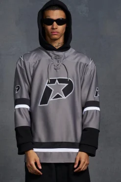 P-Star Oversized Hooded Hockey Jersey With Applique | UK^boohooMAN Best