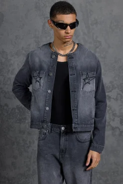 boohooMAN P-Star Regular Fit Boxy Collarless Denim Jacket | UK| Coats & Jackets