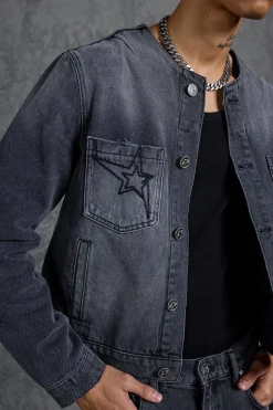 boohooMAN P-Star Regular Fit Boxy Collarless Denim Jacket | UK| Coats & Jackets