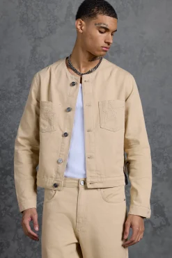 boohooMAN P-Star Regular Fit Boxy Collarless Denim Jacket | UK| Coats & Jackets