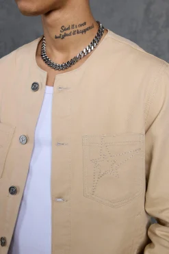 boohooMAN P-Star Regular Fit Boxy Collarless Denim Jacket | UK| Coats & Jackets