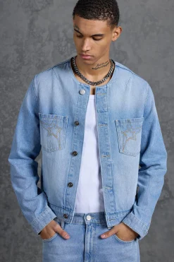 boohooMAN P-Star Regular Fit Boxy Collarless Denim Jacket | UK| Coats & Jackets