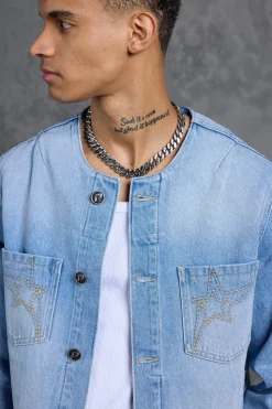 boohooMAN P-Star Regular Fit Boxy Collarless Denim Jacket | UK| Coats & Jackets