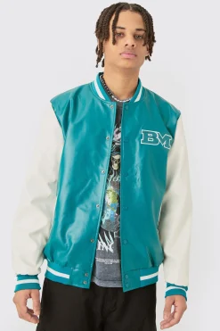 boohooMAN PU Badge Varsity Jacket In | UK| Coats & Jackets