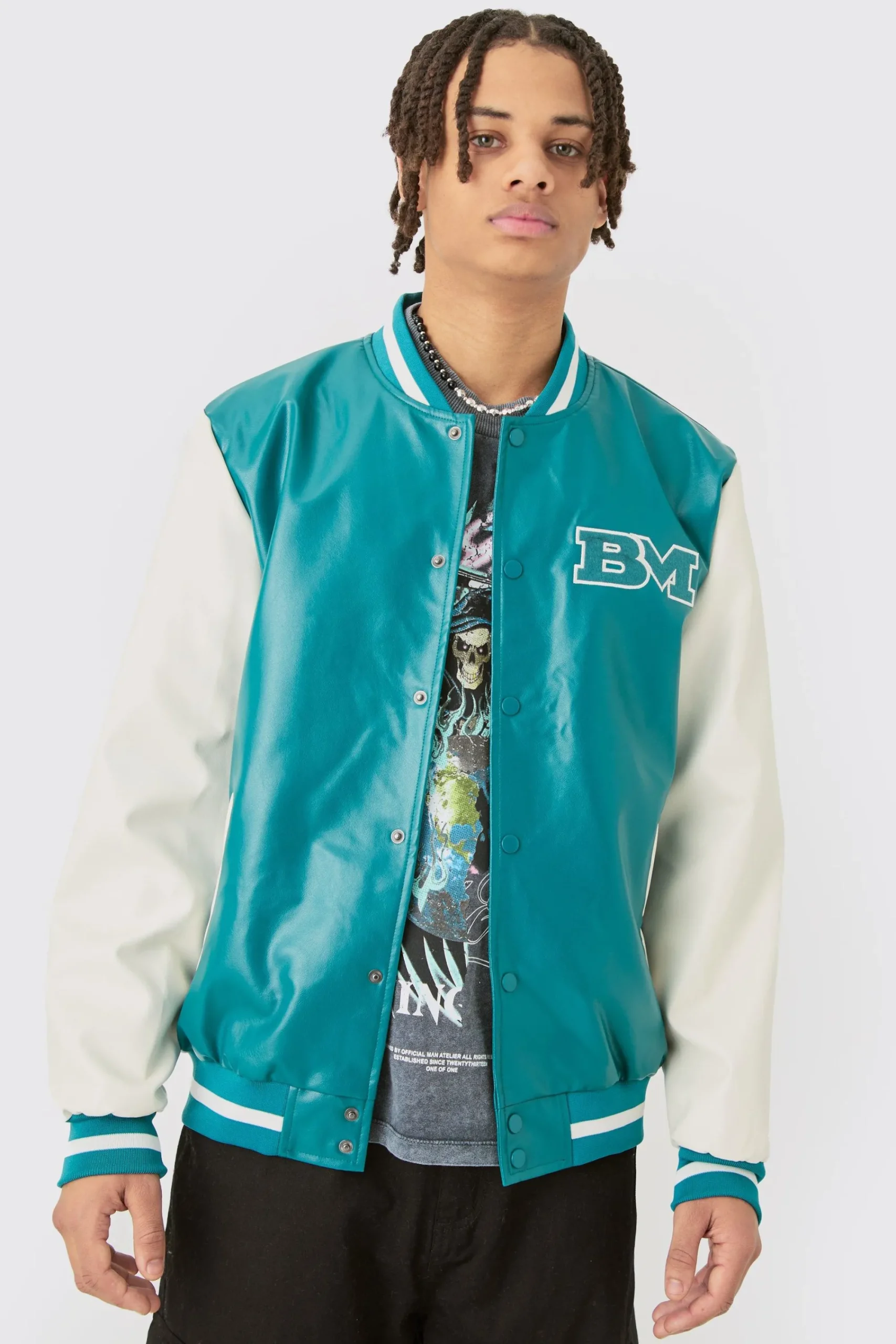 boohooMAN PU Badge Varsity Jacket In | UK| Coats & Jackets