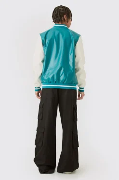 boohooMAN PU Badge Varsity Jacket In | UK| Coats & Jackets