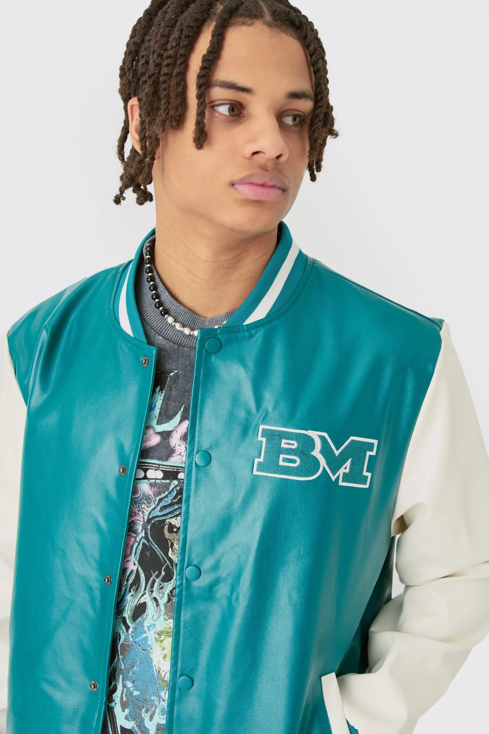 boohooMAN PU Badge Varsity Jacket In | UK| Coats & Jackets