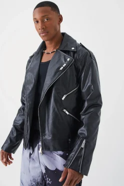 boohooMAN Pu Biker Jacket With Flower Print | UK| Coats & Jackets