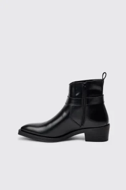 boohooMAN PU Square Toe Buckle Detail Boot In | UK| Boots
