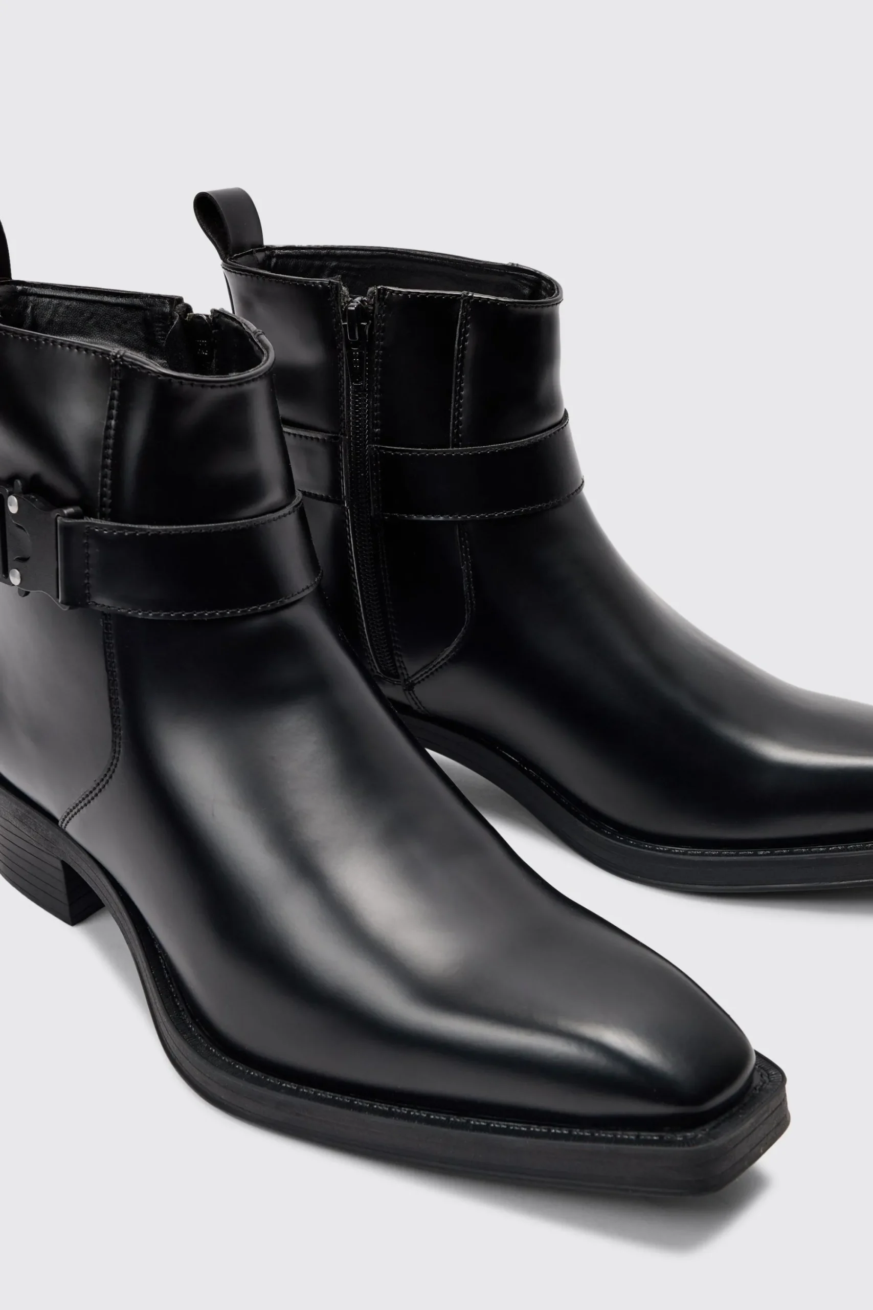 boohooMAN PU Square Toe Buckle Detail Boot In | UK| Boots