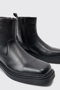 boohooMAN PU Square Toe Zip Up Boot In | UK| Boots