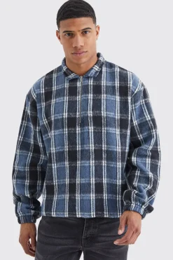 boohooMAN Quarter Zip Boxy Fleece Checked Overshirt | UK| Shirts