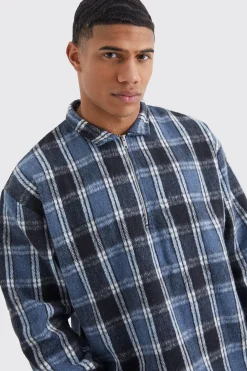 boohooMAN Quarter Zip Boxy Fleece Checked Overshirt | UK| Shirts