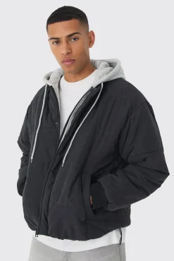 boohooMAN Quilted Hooded Faux Layer Bomber Jacket In | UK| Coats & Jackets