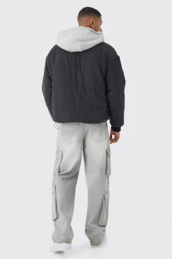 boohooMAN Quilted Hooded Faux Layer Bomber Jacket In | UK| Coats & Jackets