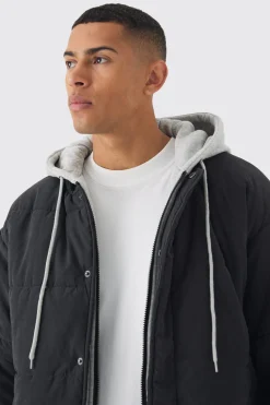boohooMAN Quilted Hooded Faux Layer Bomber Jacket In | UK| Coats & Jackets