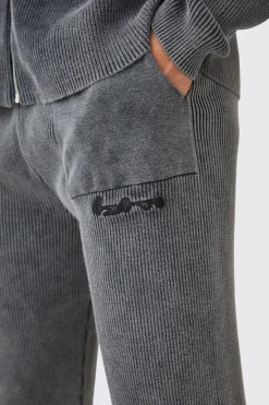 boohooMAN Regular Fit Acid Wash Ribbed Knitted Joggers | UK| Tracksuits