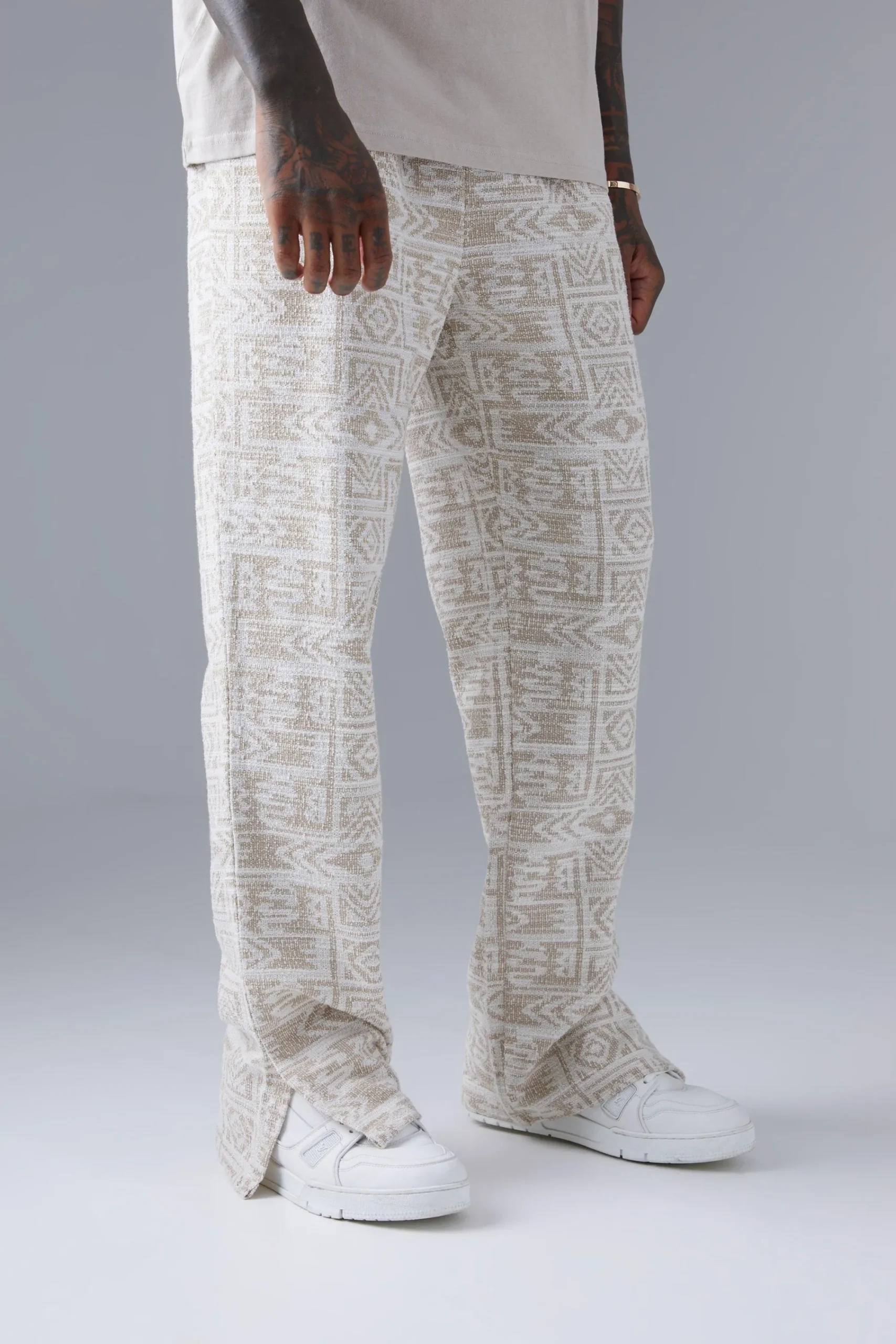 boohooMAN Regular Fit Jacquard Aztec Split Hem Jogger | UK| Trousers|Joggers