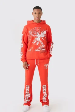 boohooMAN Regular Fit Large Graphic Raw Hem Fla Tracksuit | UK| Tracksuits