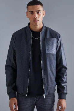 boohooMAN Regular Fit Melton & Pu Patch Bomber | UK| Coats & Jackets