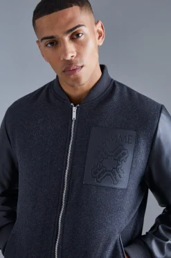 boohooMAN Regular Fit Melton & Pu Patch Bomber | UK| Coats & Jackets