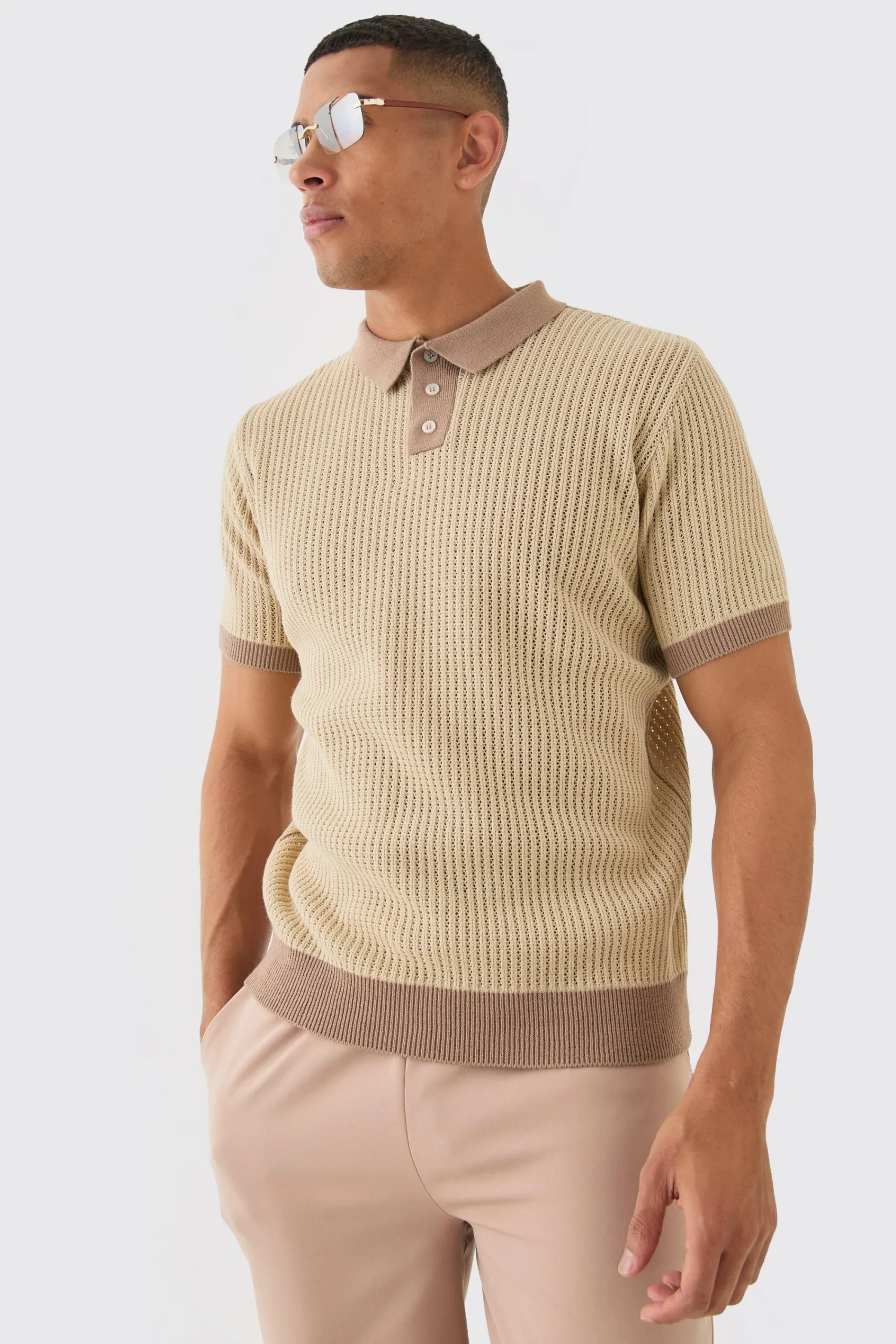 boohooMAN Regular Fit Ribbed Open Stitch Contrast Polo In | UK| Knitwear