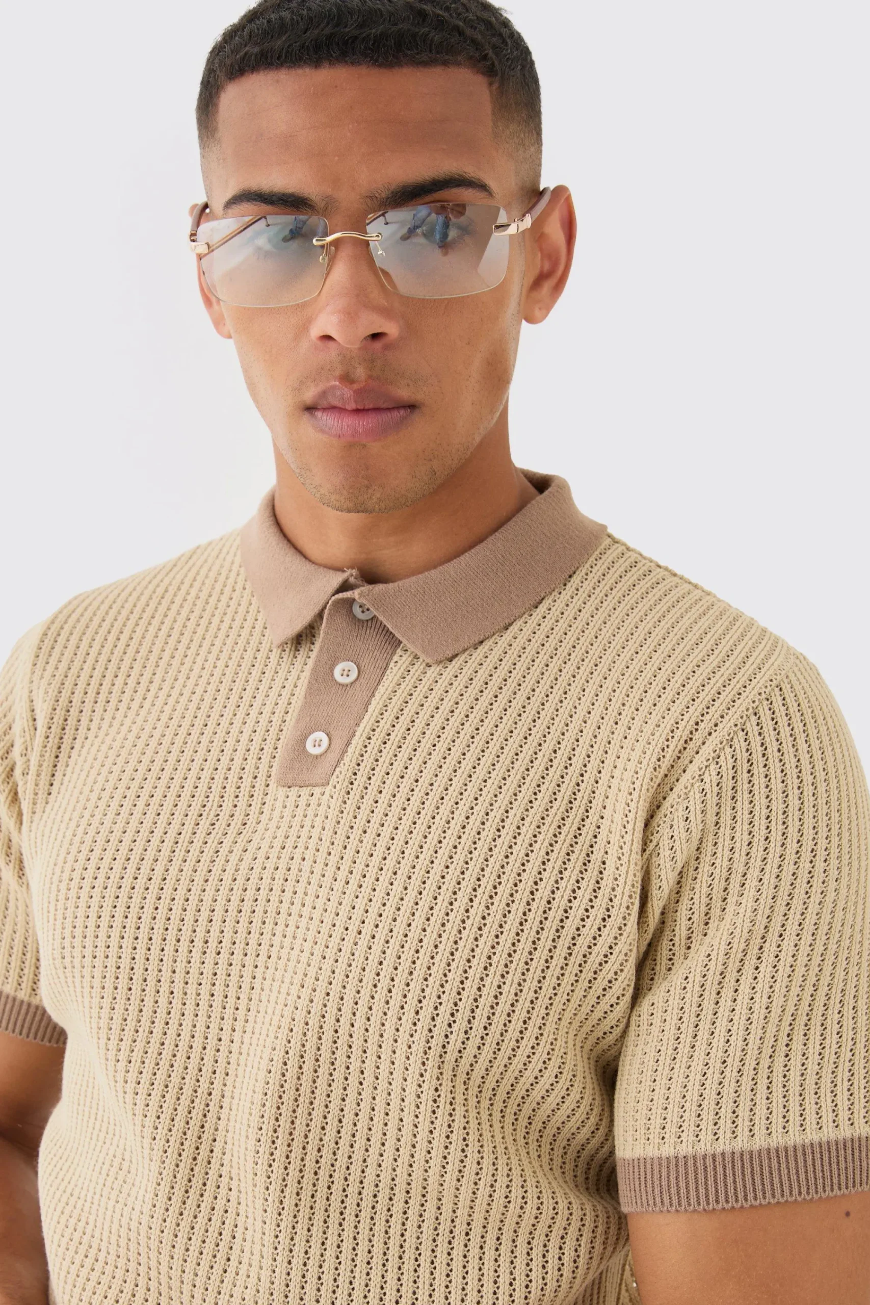 boohooMAN Regular Fit Ribbed Open Stitch Contrast Polo In | UK| Knitwear