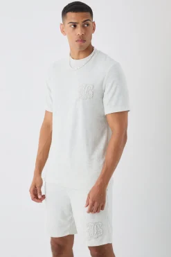 boohooMAN Regular Fit Towelling Pearl Embroidered T-shirt And Short Set | UK| Tracksuits