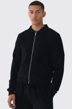 boohooMAN Regular Fit Velour Pleated Track Top | UK| Coats & Jackets|Hoodies & Sweatshirts
