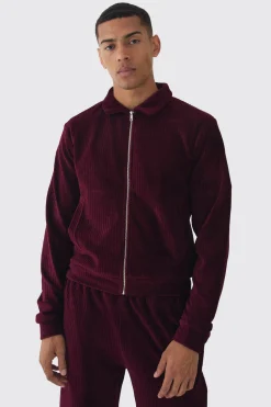 boohooMAN Regular Fit Velour Pleated Track Top | UK| Coats & Jackets|Hoodies & Sweatshirts