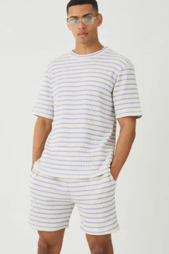 boohooMAN Regular Fit Waffle Stripe T-shirt & Shorts Set | UK| Sets & Co-Ords|Tracksuits