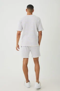 boohooMAN Regular Fit Waffle Stripe T-shirt & Shorts Set | UK| Sets & Co-Ords|Tracksuits