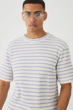 boohooMAN Regular Fit Waffle Stripe T-shirt & Shorts Set | UK| Sets & Co-Ords|Tracksuits