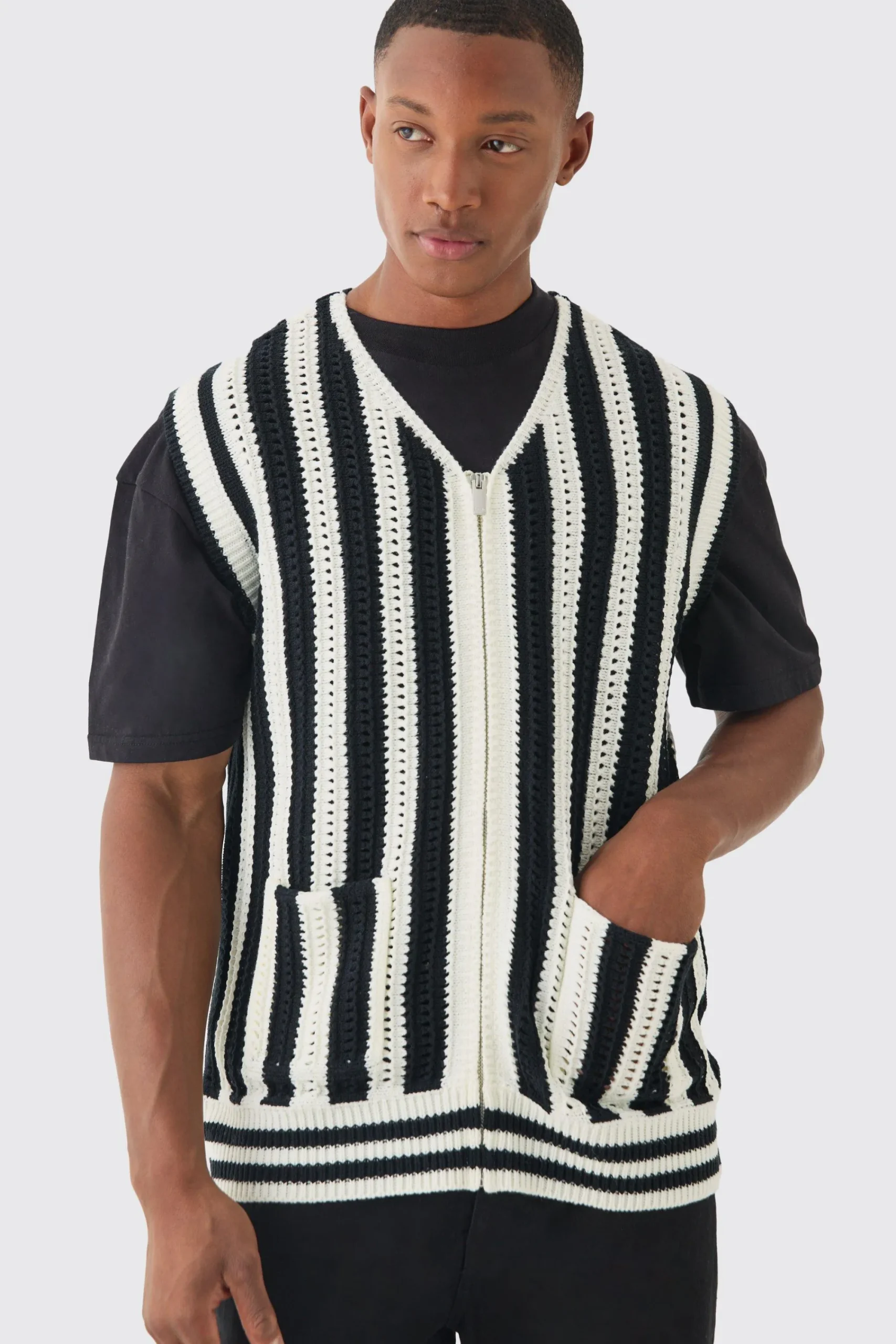 Regular Fit Zip Through Open Knit Stripe Gilet | UK^boohooMAN Clearance